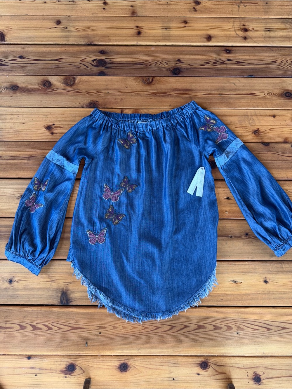 Standard Grace Butterfly Embroidered Boho Top Denim Blue